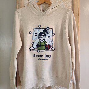 Life is Good Snow Day Knit Hoodie Women’s Large – Beige Winter Graphic Sweater